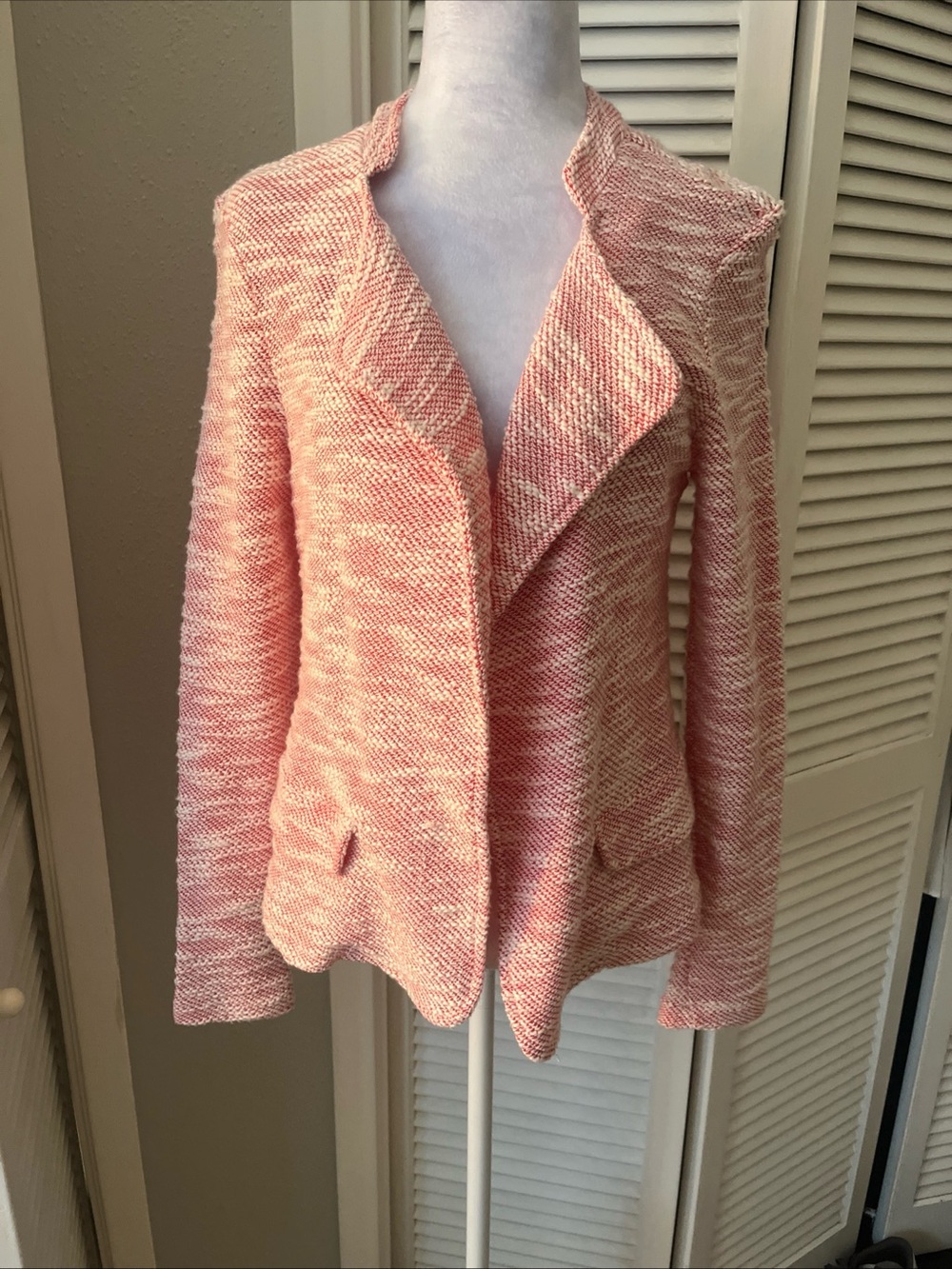 Puella for Anthropologie pink and white tweed open front jacket size M